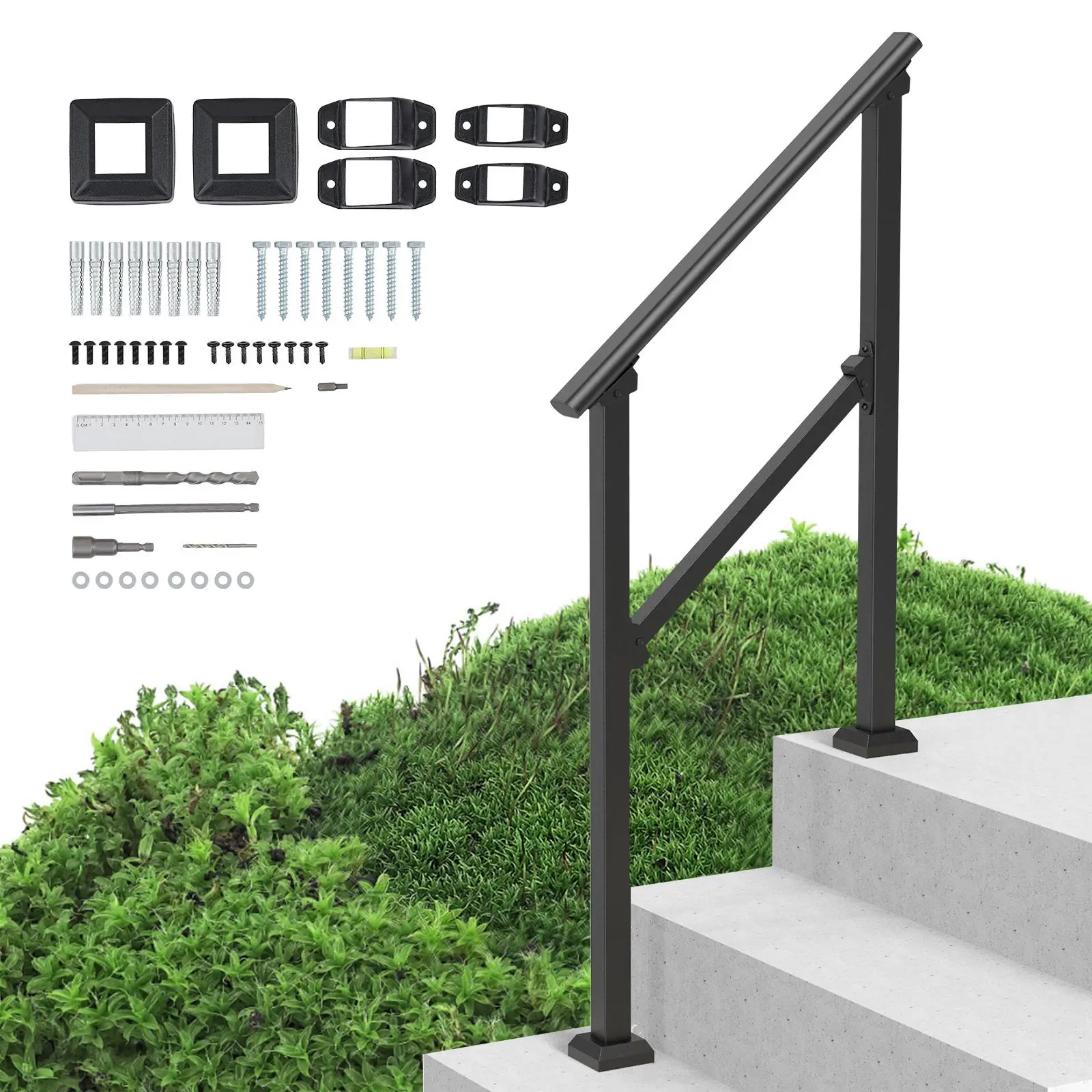 【SummerFinds】VEVOR Handrails for Outdoor Steps,  2-3 Step Stair Hand Rail Kit, Transitional Carbon Steel Railings with Installation Kit, Stair Rails for Seniors, Concrete Steps & Porch & Deck, Black Square Tube