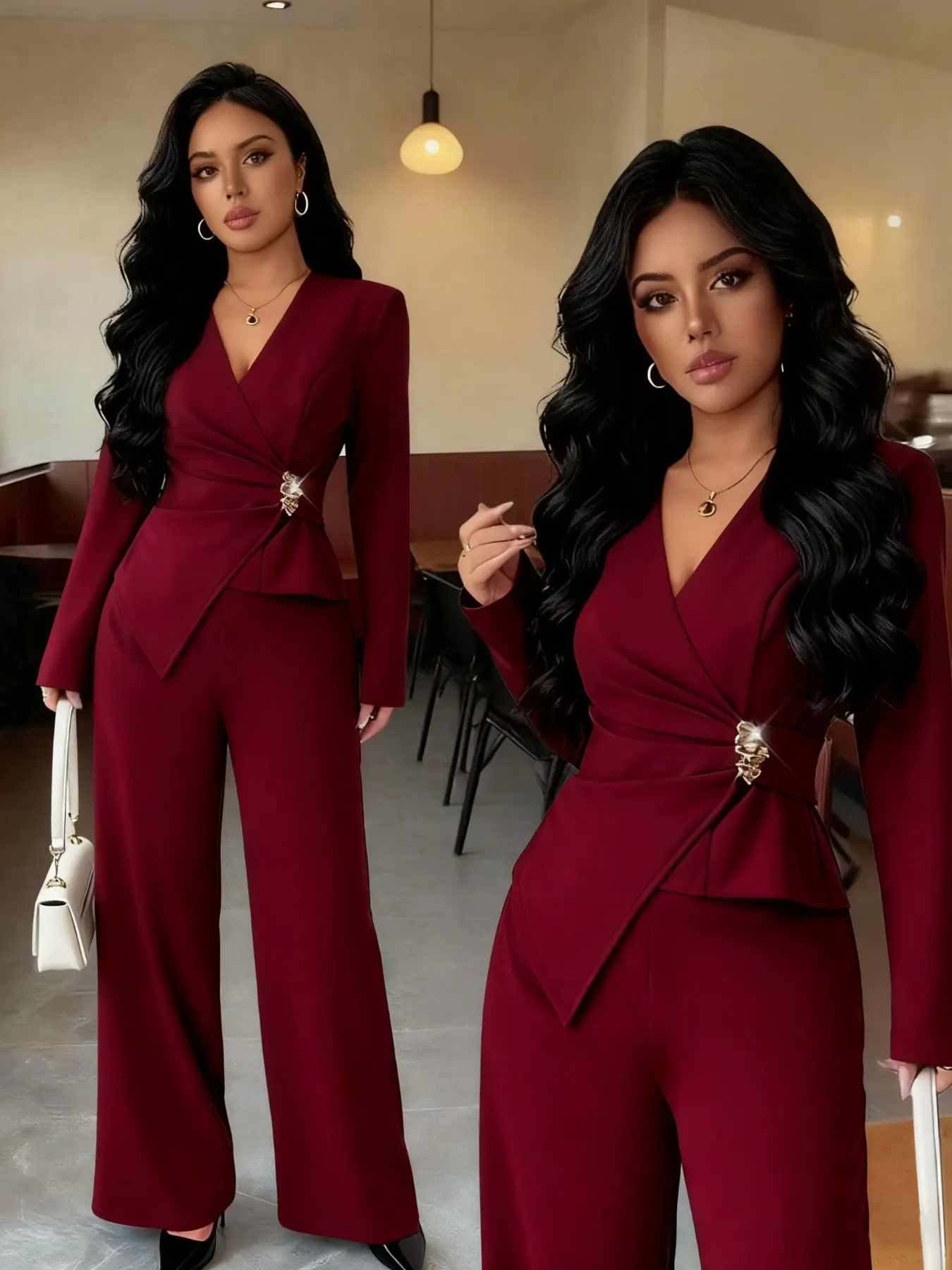 Women's Elegant Chic Suit Set, Clothing Sets, Womenswear, V Neck Waist Cinching Design, Long Sleeve, Spring Fashion, Suitable for Office and Outdoor Wear Office Siren Outfits Girl Nk-0004-509044 Elegance