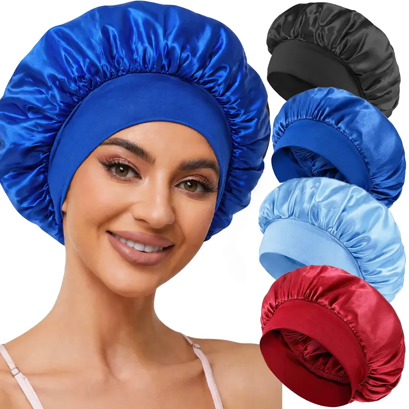 4Pcs Silk Satin Bonnets for Curly Hair With Elastic Wide Band Wrap Silk Bonnets for Black Women Men Sleeping Hair Styling Cap Salon Supplies Haircare