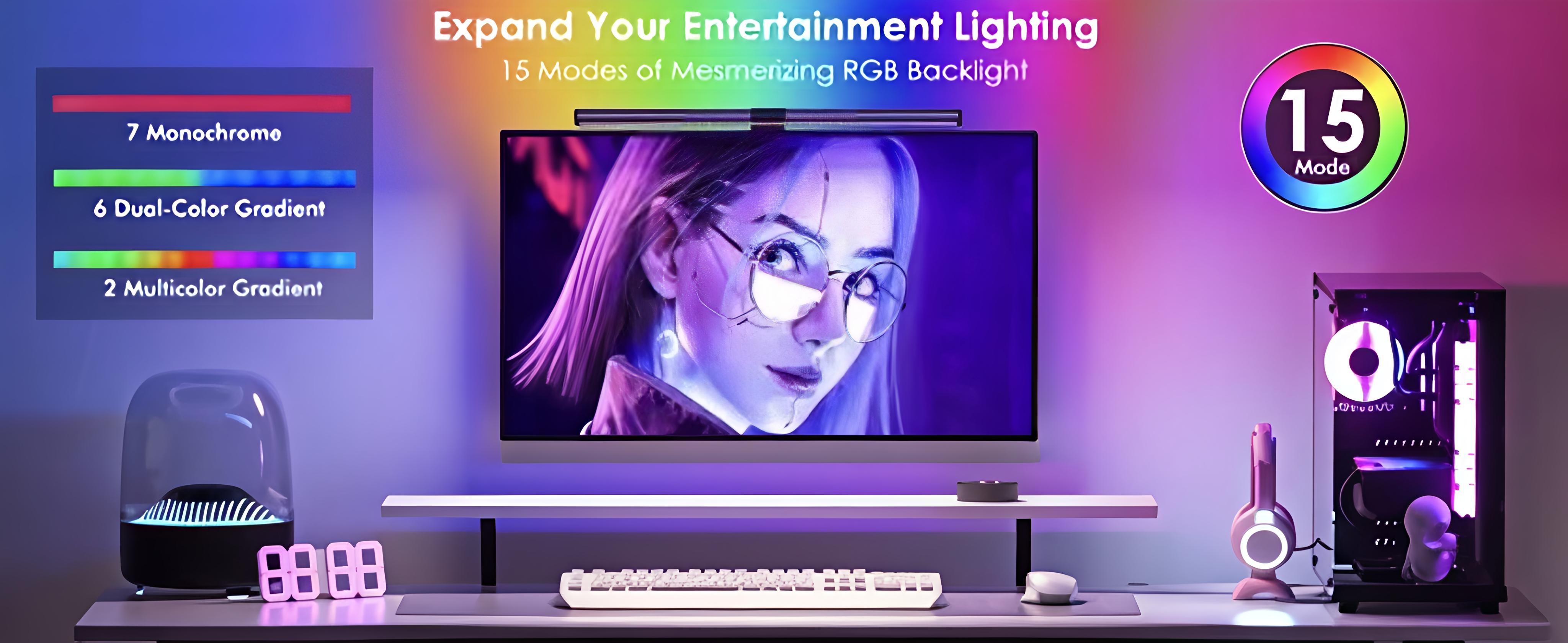 LED Backlit Dual-Sided Monitor Light RGBW Night Light with Ergonomic Touch Control USB Powered Eye Protection for Home Office Gaming Setup