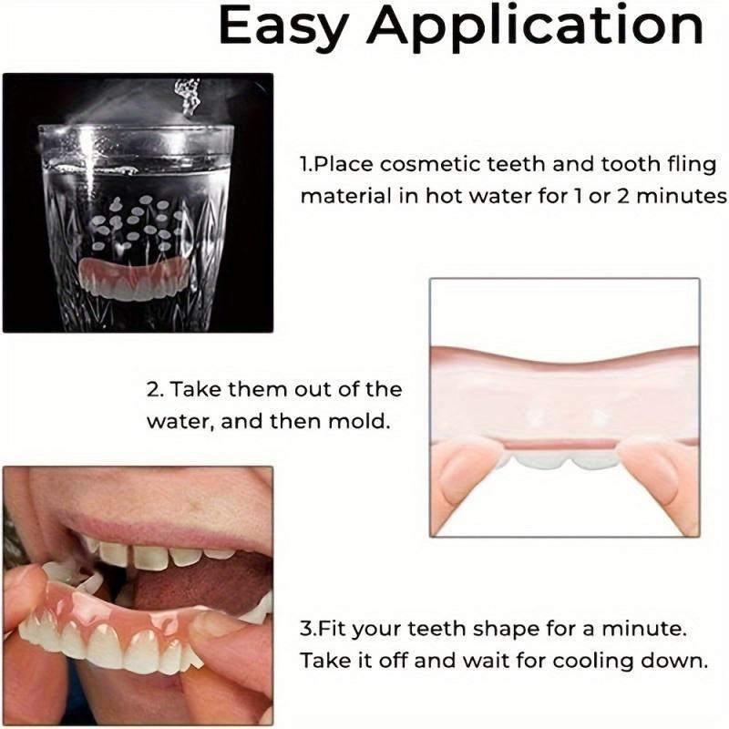 Comfortable and Adjustable Denture Sets, Perfect White Veneers, Create A Professional Smile, Travel Accessories，Upper and lower denture plates can be shaped, and the white particles are filling materials.