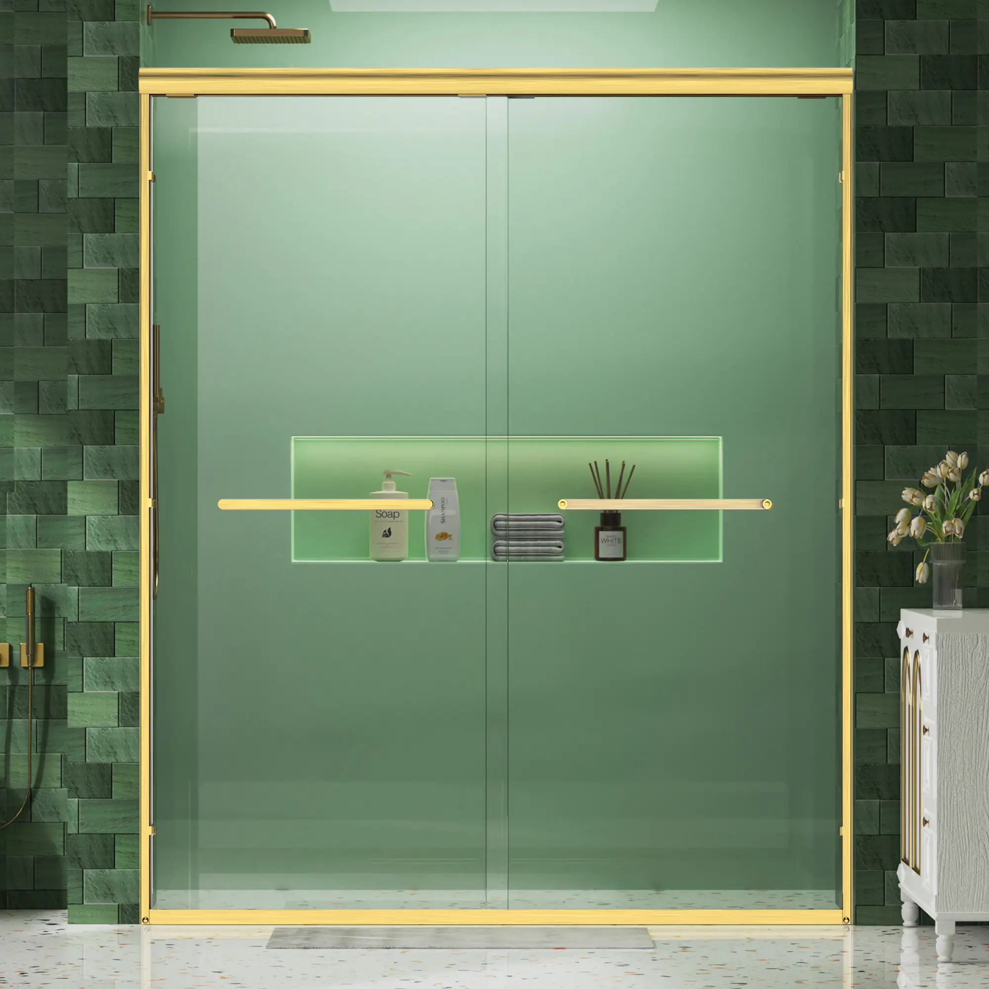 56-60 Inch W x 72 Inch H Brushed Gold Aluminum Frame Double Sliding Shower Door 1 4 Inch 6mm Clear Tempered Glass with Explosion Proof Film Dual Stainless Steel Handles Adjustable Width Modern Bathroom Shower Enclosure
