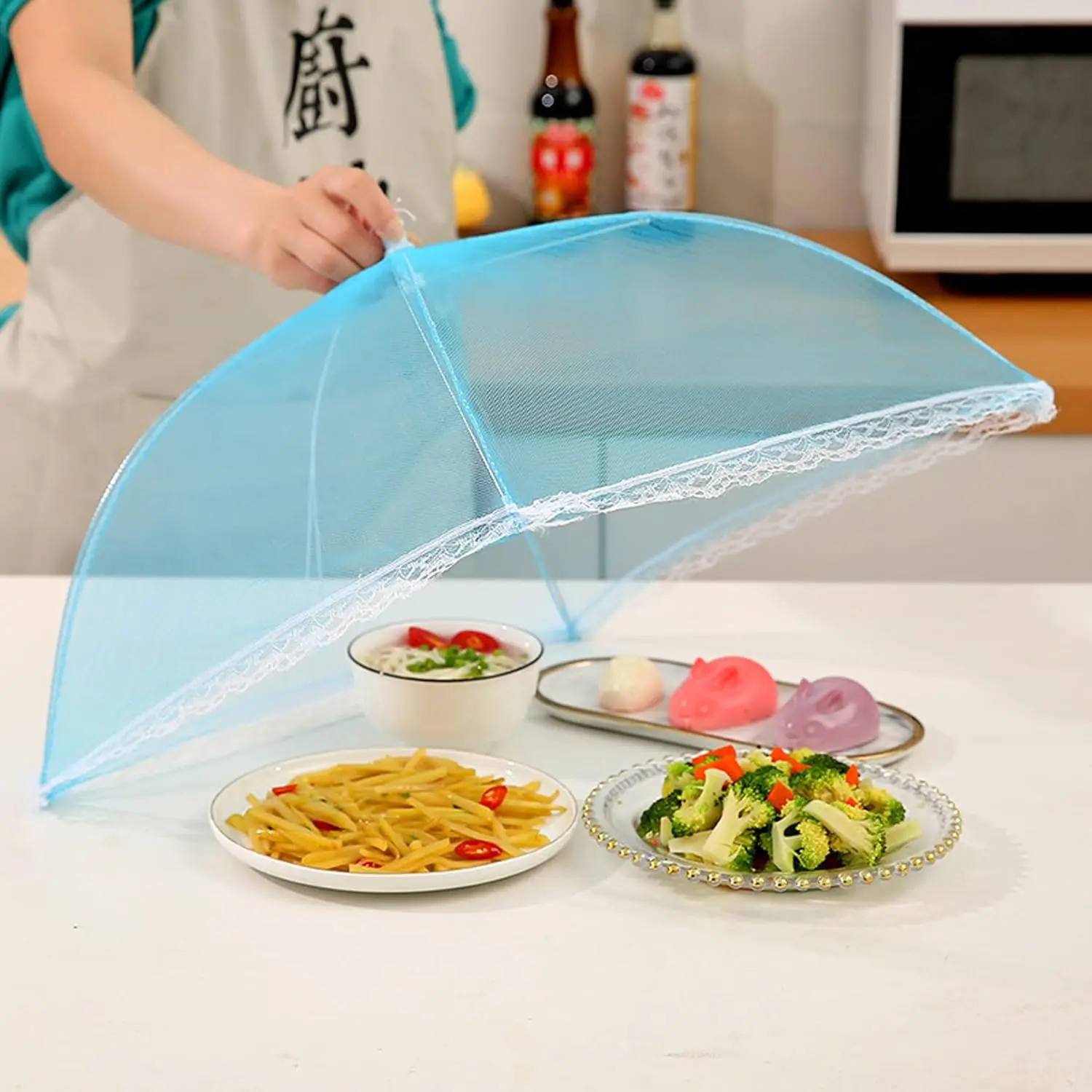 6pcs Colorful Sturdy Nylon Steel Mesh Food Covers for Pet Feeding Supplies, Collapsible Washable Tent Umbrella to Keep Out Flies Mosquitoes, Ideal for Outdoor Picnic, Camping