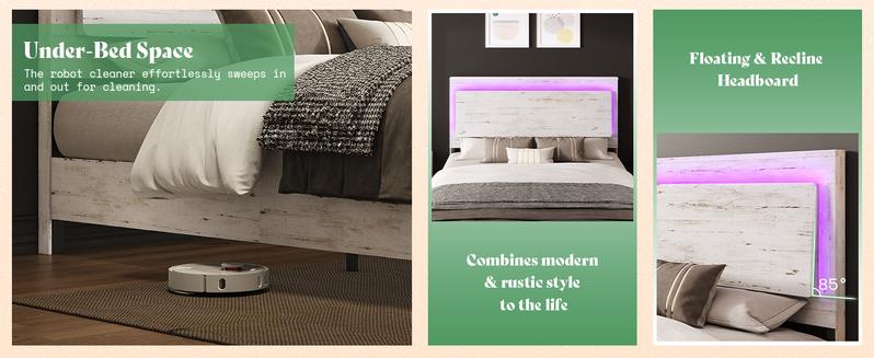 AMERLIFE Farmhouse Floating Bed Frame with Reclined Headboard, Platform Bed with LED Light, No Box Spring Needed/Unique Bedroom Furniture/Best Gift Ideas/Christmas Gifts