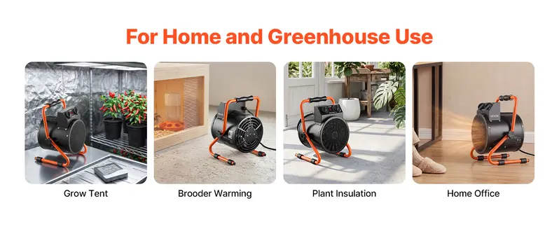 VEVOR 1500W Plastic Portable Greenhouse Electric Heater with Thermostat, Fan, High Heat Mode, 25&deg; Adjustable Angle, Adjustable Heating, IPX4 Protection, Overheat Shut-Off, Fire Resistant, Grip Handle, Heat & Ventilate for Flower Room, Home Office