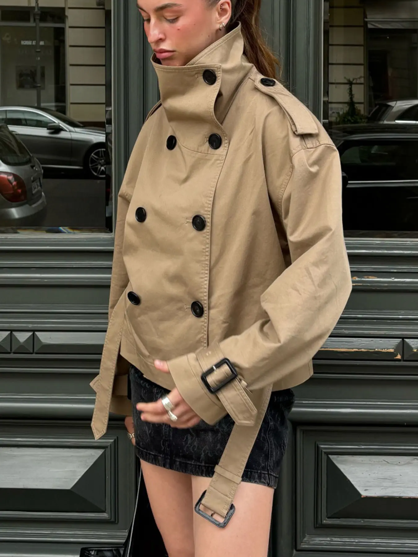 Women's Windbreaker Beige Cropped Trench Coat Double Breasted Fitted Long Sleeve Jacket with Belted Waist Shoulder Casual Womenswear Layered Outerwear Female Coat Spring Summer Casual Chic Fashion Fitted Outerwear Casual Fashionable Outerwear