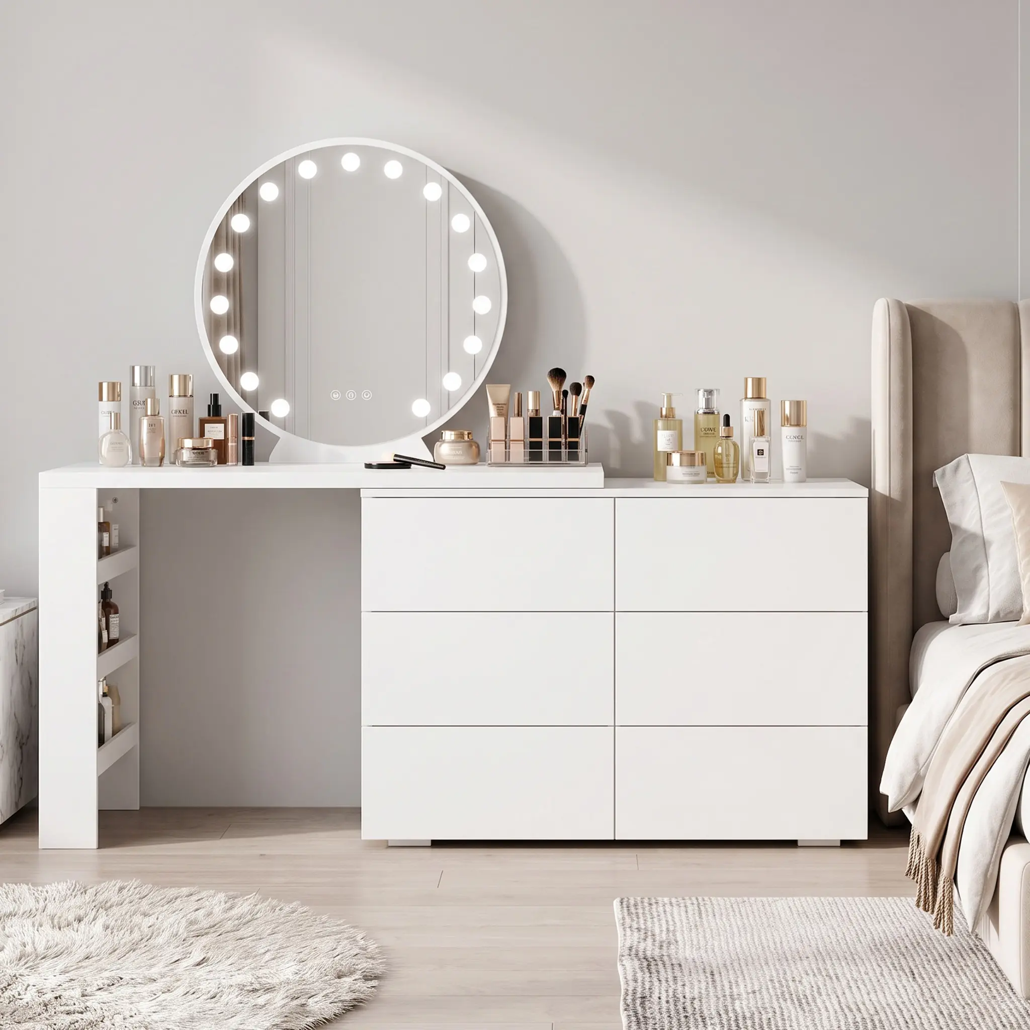 6 Drawer Vanity Dresser Combo with L-Shaped Desk,Wide Desktop & Deep Space,Wood Extendable Vanity Desk for Bedroom Dressing Room