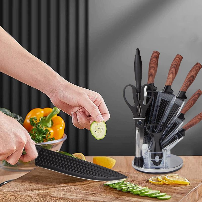 9-Piece Kitchen Knife Set - Black Chef Knife Set with Sharp Blades, Non-Stick Stainless Steel Cooking Knives Set, Ergonomic Wood Grain Handle, Aesthetic Kitchen Knives,Meat Knife Block
