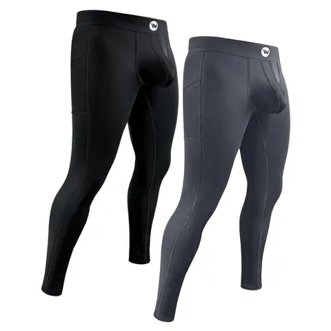 Men's 2-Pack High-Waisted Nylon Spandex Compression Pouch Leggings (Grey/2 Pack Black) - 24 Months, Thermal Base Layer, Quick Dry, High Stretch, Abdominal Control, Gym Fitness Activewear, Athleisure Bottoms