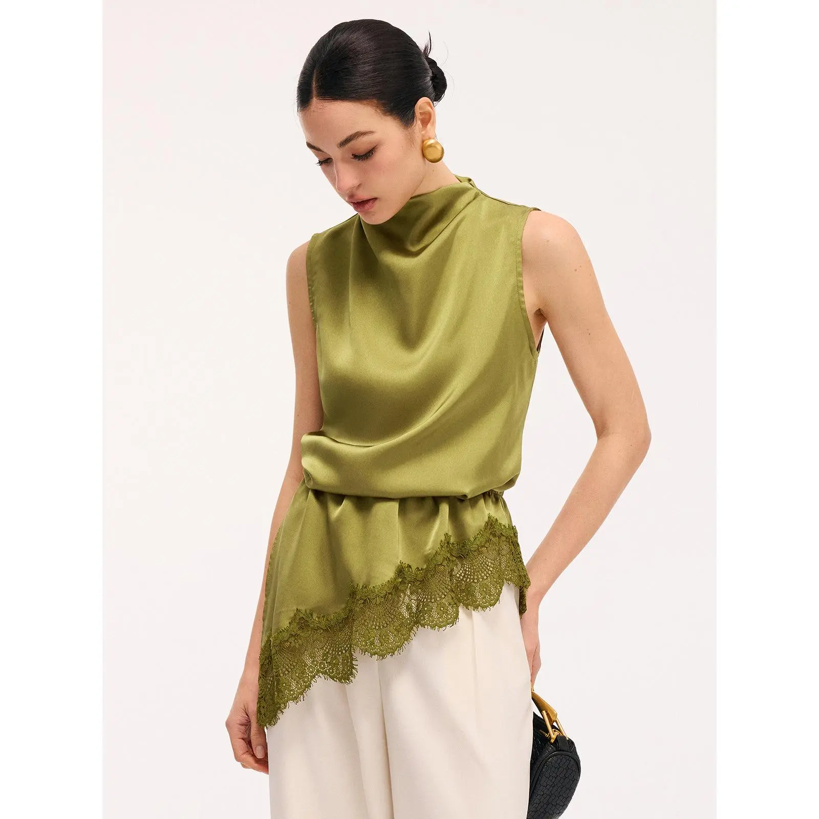 Women's Lace Trim Satin Sleeveless Blouse, Chic Going Out Tops, Stylish Women's Tops and Blouses for Special Occasions, Blouses For Women