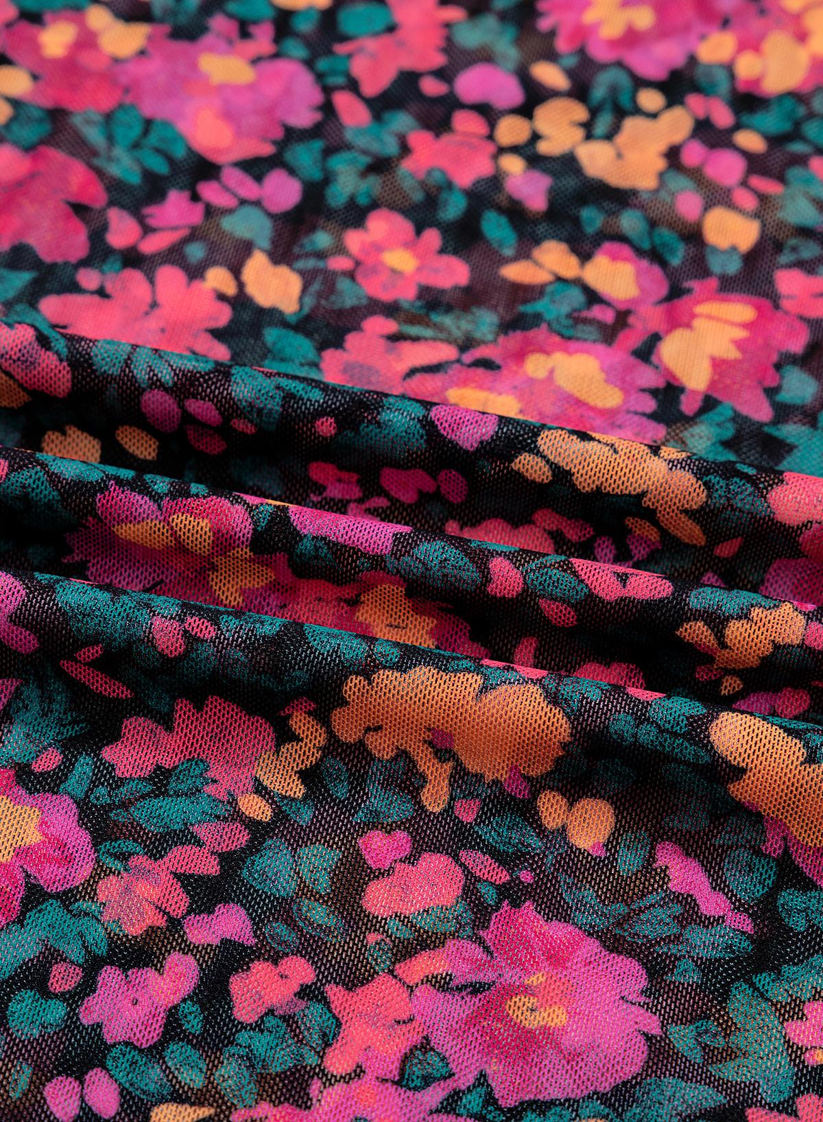 Mntaor Women's Rose Floral Mesh Mock Neck Top, Slim Fit Long Sleeve Rose Print Shirt  for Chic Casual Style Womenswear