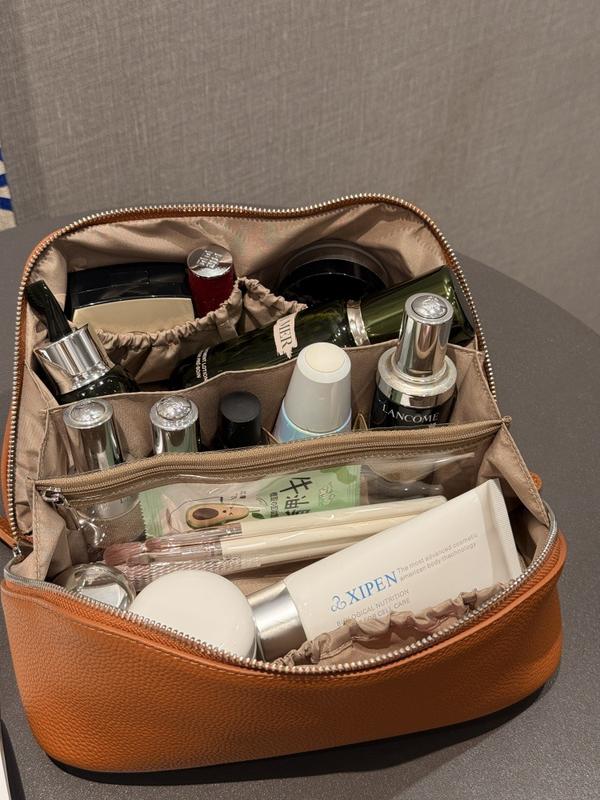 Minimalist High-End Feel First Layer Cowhide Texture Makeup Bag Genuine Leather Travel Portable Toiletry Bag Large Capacity Storage Bag