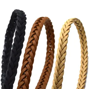Flat Braided Genuine Leather Cord (12.5x6 mm) - 1.1 Yard Handmade 3 Ply Braided Real Leather String for Bracelets, Jewelry, Belt Making