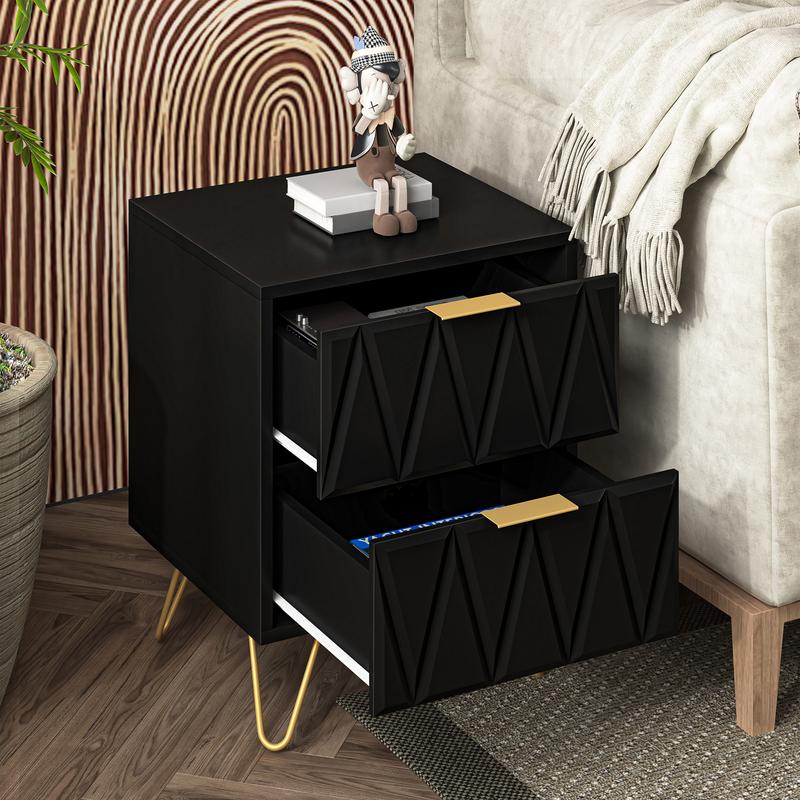 2pcs Nightstand Modern Bedside Table with 2 Drawers & Gold Metal Legs, Simple and Elegant Bedside Table,Night Stand Metal Legs for Bedroom Living Room