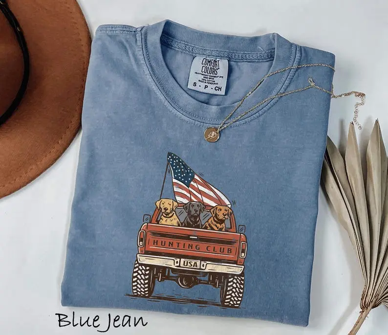 Comfort Colors Labrador Hunting Club Vintage Graphic Tshirt Patriotic Dog Lover Tee USA Flag Truck 4th Of July Tee For Dog Owner Dog Mom Gifts