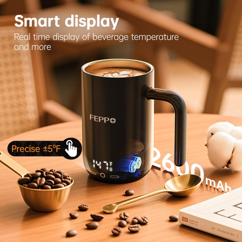 FEPPO Self-Heating Coffee Mug Warmer, 17oz Smart Temperature-Controlled Coffee Mug with Titanium Coating, Real-Time Digital Display, Built-in 2600mAh Battery with Charging Base, Great Gift for Women / Men