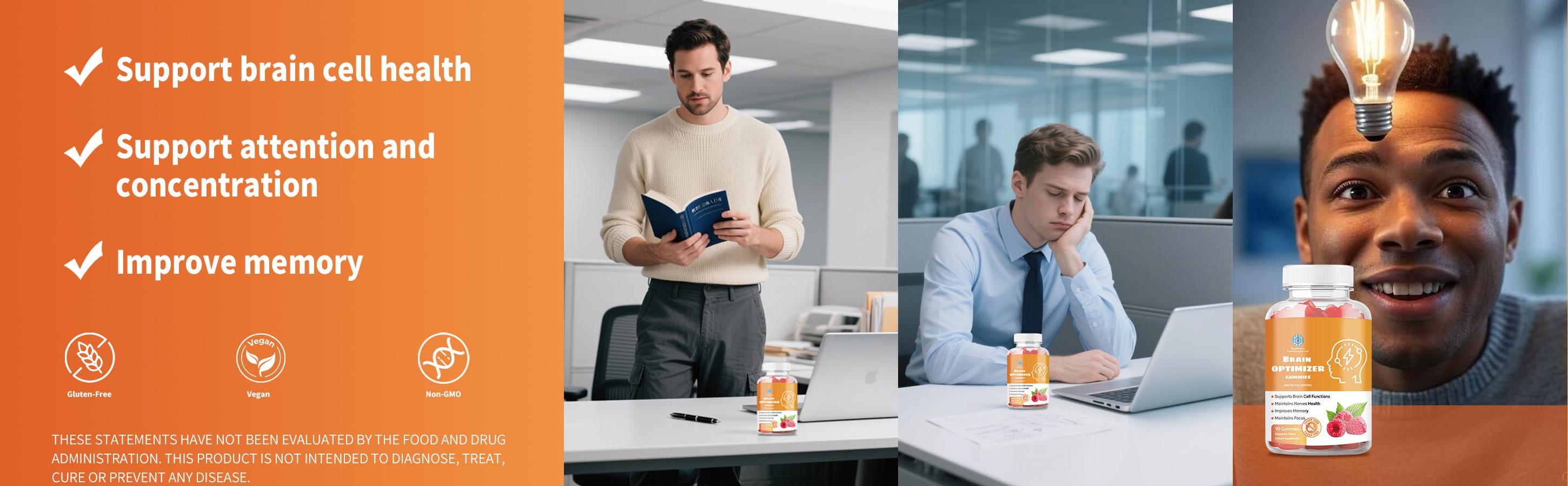 Brain Optimizer Gummies | Memory, Focus & Attention Support | Cognitive Health Supplement with Magnesium, Omega 3 & Ashwagandha | 90 Raspberry Flavor Gummies