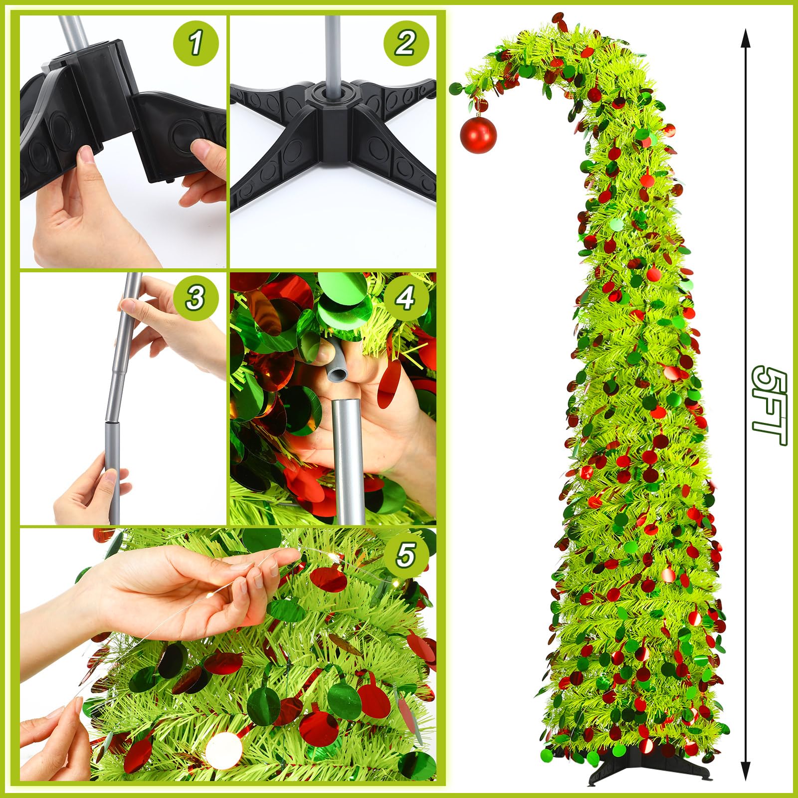 Christmas Clearance Sale 5Ft Whimsical Pop up Christmas Tree Pre Lit Christmas Tree with Lights or Wooden Ornaments Bendable Collapsible Artificial Viral Christmas Tree for Holiday Party Home Office Xmas Tree Outdoor Christmas Decorations Xmas Gift