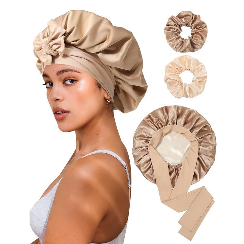 Double Layer Satin Bonnet for Sleeping Cap Women Reversible Hair Bonnets with 2PCS Hair Scrunchies Elastic Tie Band Nightcap Gifts for Women Double Layer Satin Bonnet for Sleeping Cap Women Reversible Hair Bonnets with 2PCS Hair Scrunchies Elastic Tie Band Nightcap Gifts for Women