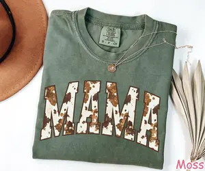 Comfort Colors Western Cow Print Mama Shirt, Trendy Shirt for Mom, Mothers Day Gift, Country Mama Tee, Gift for Mom, Cowhide Mama T-Shirt - AL
