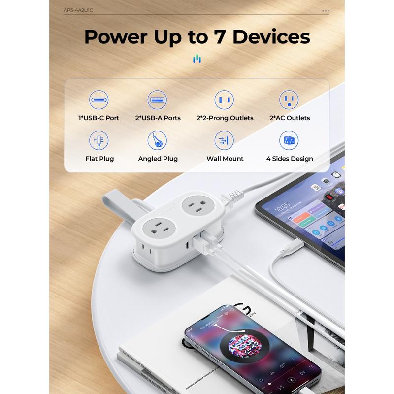 Travel Power Strip, ORICO 4 Outlets 3 USB Ports (1 USB C) with 4FT Wrapped Short Extension Cord Small Power Strip, Compact for Hotel Travel Essentials Cruise Approved
