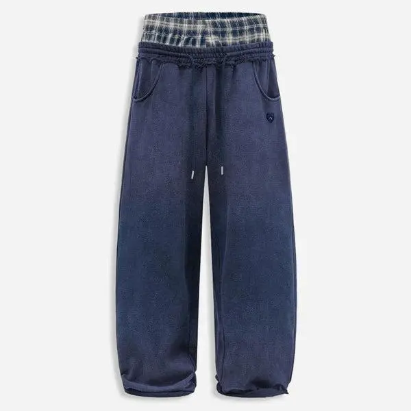 Aelfric Eden Plaid Waist Patchwork Baggy Barrel Sweatpants Double-Layer Plaid Waist Oversized Barrel Silhouette Adjustable Drawstring Washed Vintage Fabric Unisex Lazy Casual Pants,clothes for back to school,first day of school outfits