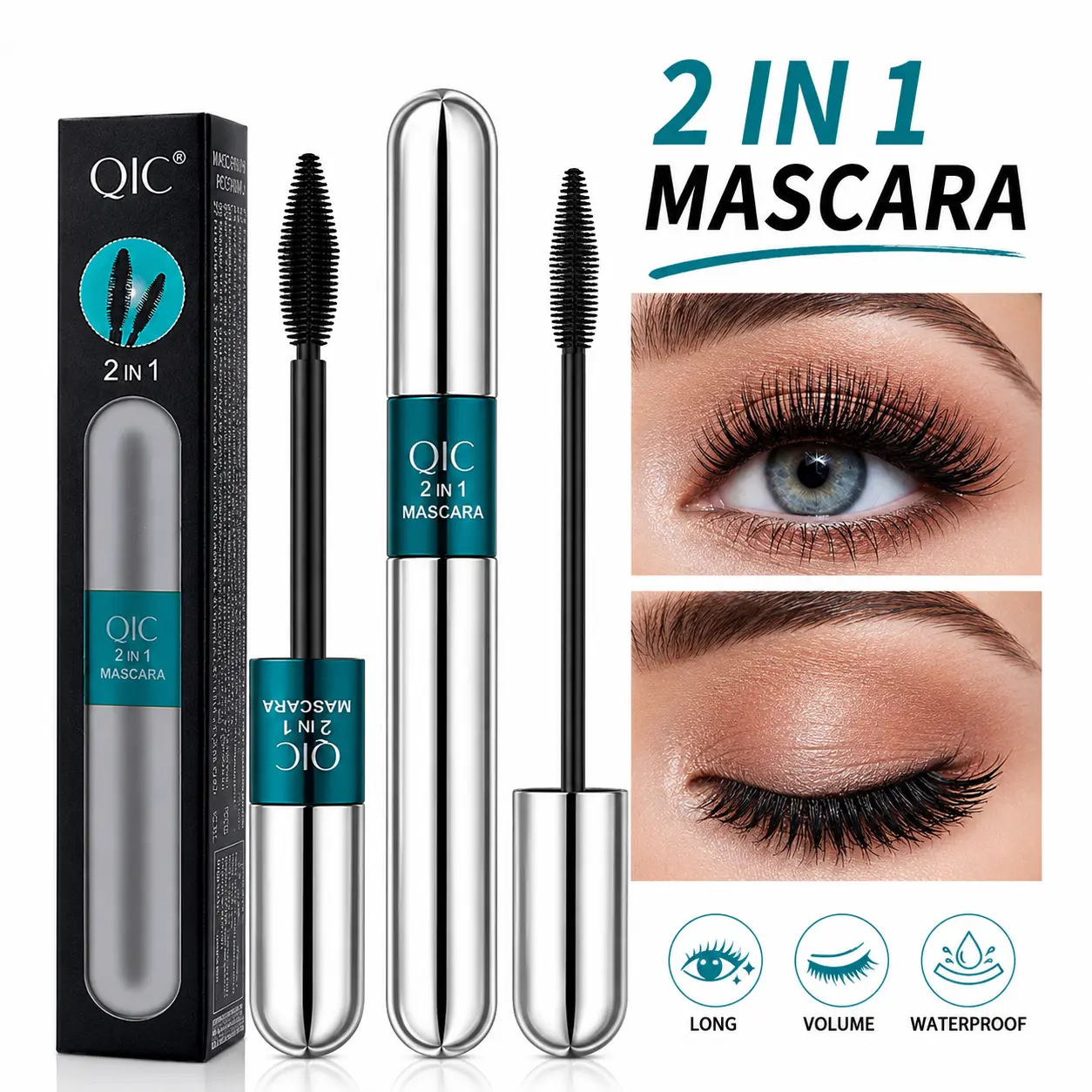 QIC Waterproof 2in1 Lash Mascara No Clump All Day Wear Eye Makeup Essential
