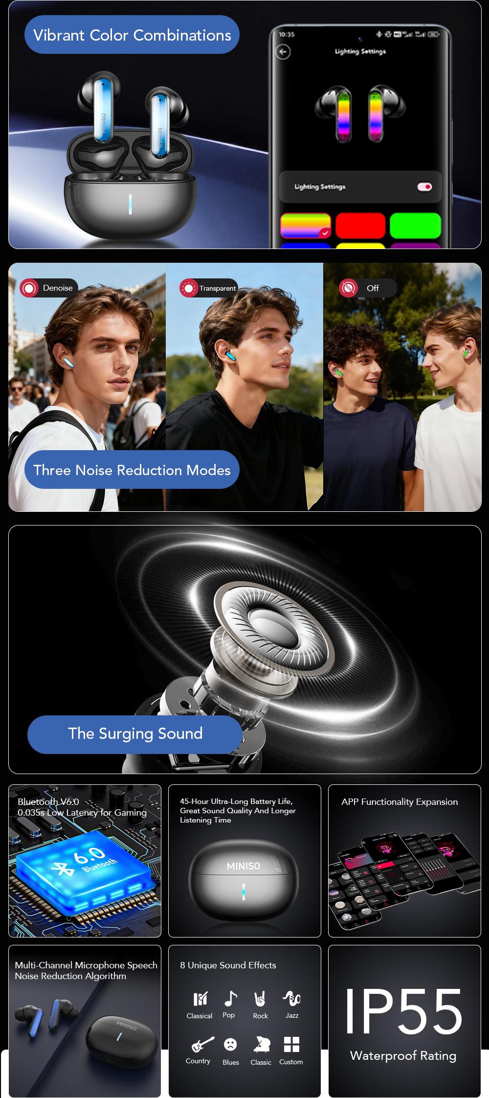 MINISO MS110 Adjustable lighting Eabuds, ANC Noise Cancellation Headphones,Bluetooth 6.0, 3 Noise Reduction Modes, True Wireless In-Ear Earphones sport Audio Earbuds audifonos bluetooth wireless headphones