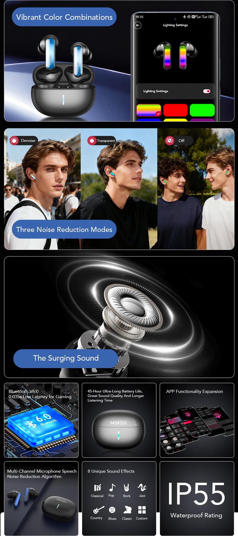 MINISO MS110 Adjustable lighting Eabuds, ANC Noise Cancellation Headphones,Bluetooth 6.0, 3 Noise Reduction Modes, True Wireless In-Ear Earphones sport Audio Earbuds audifonos bluetooth wireless headphones