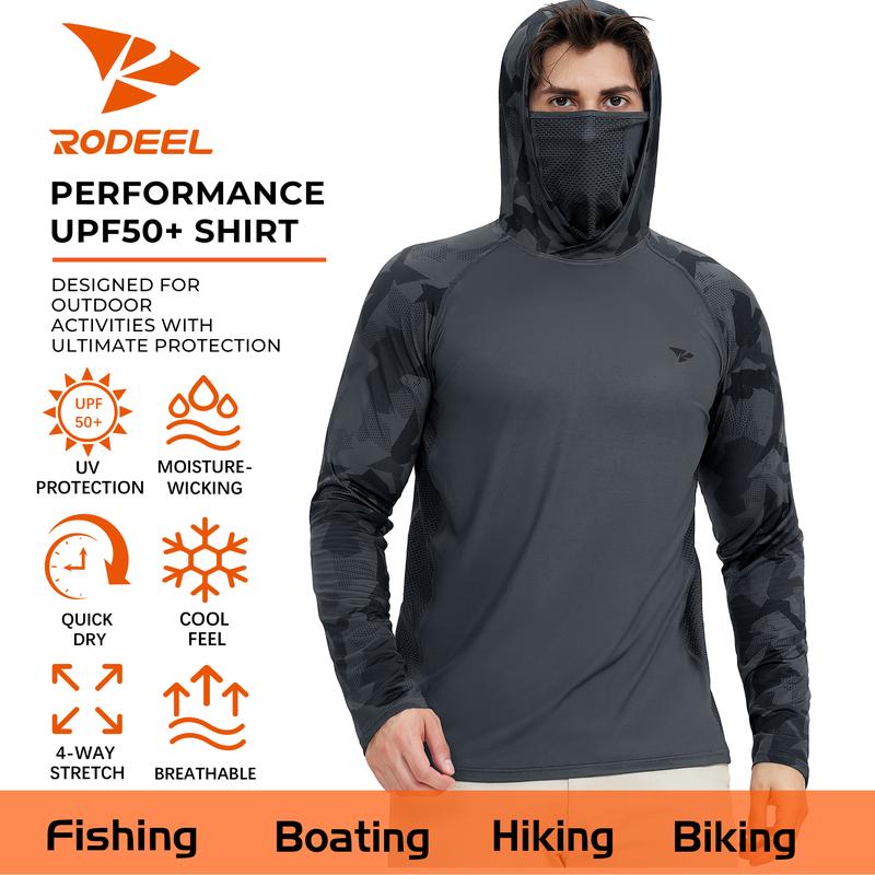 RODEEL 915 Sun Hoodie Shirts w/ Mask Neck Gaiter Men UPF 50+ UV Protection Long Sleeve Lightweight Quick Dry Moisture Wicking Breathable Cooling Activewear for Outdoor Sport Gym Fishing Hiking Roofing Landscaping Construction, Holiday Gift