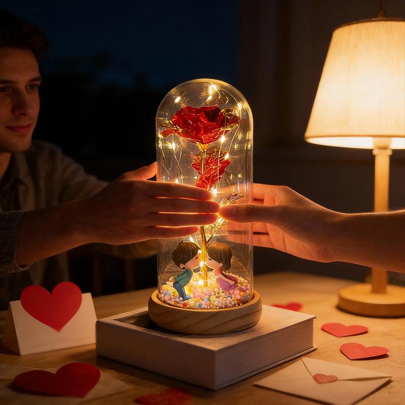 Valentine's Day simulation gilt roses, creative wooden base glass cover with couple dolls, colorful foam balls, AA battery power supply, gift box packaging suitable for Valentine's Day gifts, romantic night lights in home bedrooms
