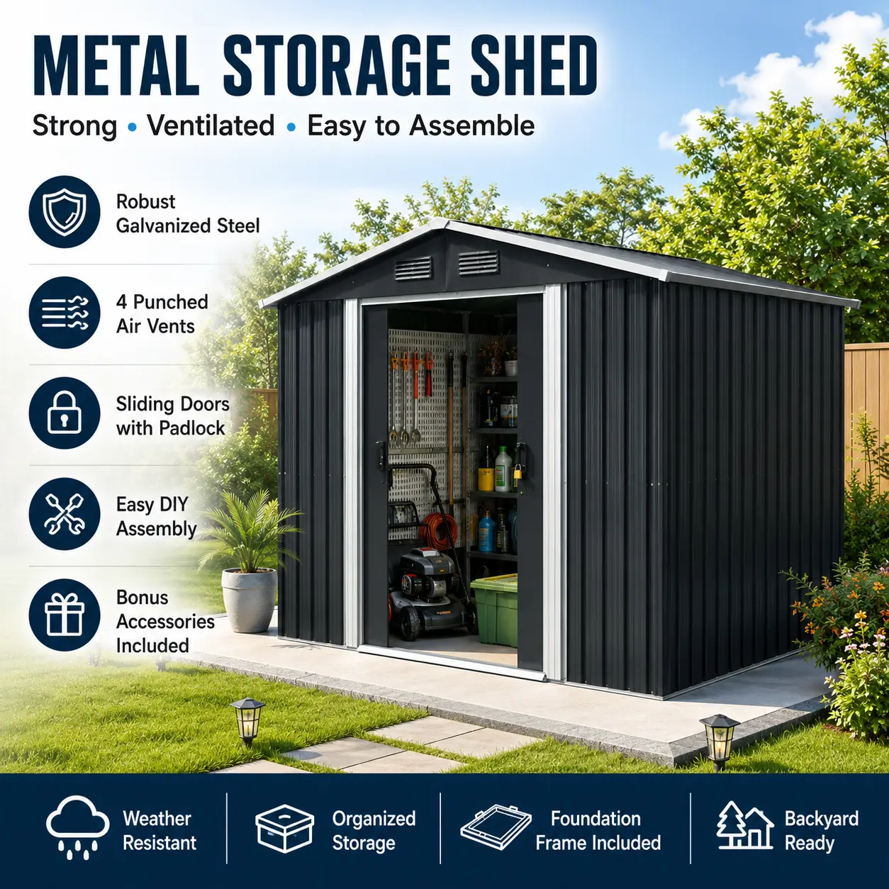 Outdoor Storage Shed 8x10 Metal Shed Backyard Tool Organizer Black Garden Shed with Metal Foundation Heavy Duty Waterproof Patio Bike Storage Lockable Outdoor Storage House for Lawn Mower Yard Tools Organization