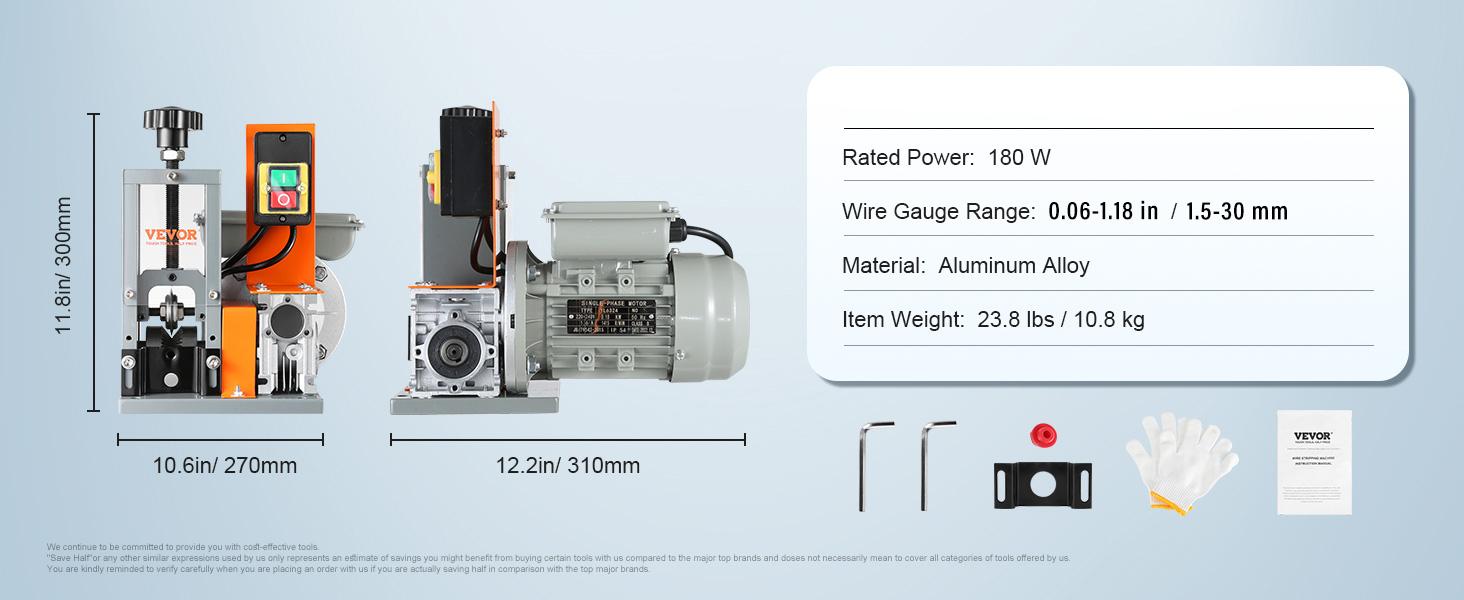 VEVOR Electric Cable Stripping Tool, TikTokShopBlackFriday, 0.06''-0.98'' Motorized Wire Stripper, 180 W, 60 ft/min, with Clear Depth Gauge, Ideal for Scrap Copper Recycling