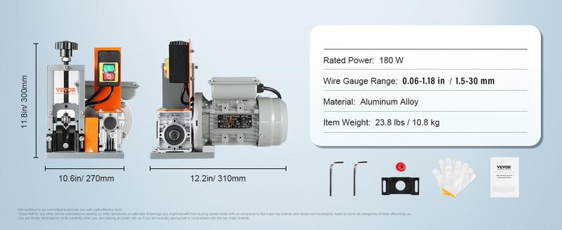 VEVOR Electric Cable Stripping Tool, TikTokShopBlackFriday, 0.06''-0.98'' Motorized Wire Stripper, 180 W, 60 ft/min, with Clear Depth Gauge, Ideal for Scrap Copper Recycling