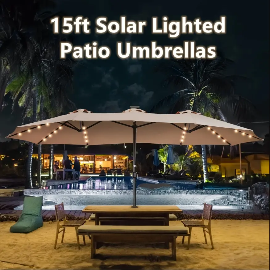 【Solar Patio Umbrella HOOOWOOO】15Ft Large Double-Sided Patio Umbrella with Solar Lights | Rectangular Table Umbrella, LED Lights, Waterproof Canopies, Parasols, Crank Handle for Backyard Deck Swimming Pool Shade