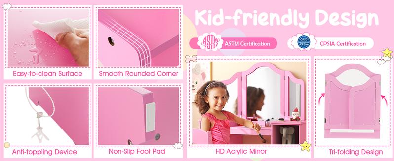 Costzon Kids 2-in-1 Princess Vanity, Kids Vanity, Wooden Vanity Table with Stool & Drawer, Removable Top, Princess Pretend Playset for Little Girls,Father's Day Gift