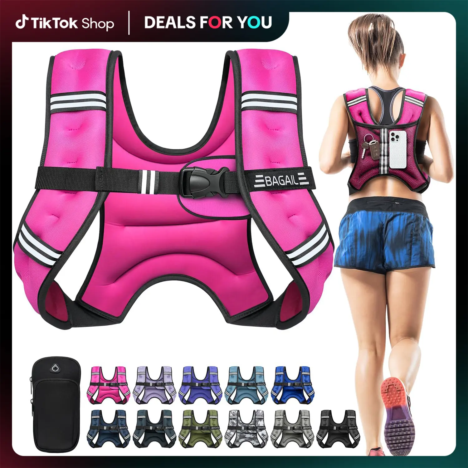 【BackToSchool】BAGAIL Weighted Vest, 5lbs/8lbs/10lbs/12lbs/15lbs/20lbs/25lbs/30lbs Weight Vest with Detachable Phone Pouch, Rucking Vest for Women, Men, Walking, Training, Running Summervibes tiktokshopbacktoschool