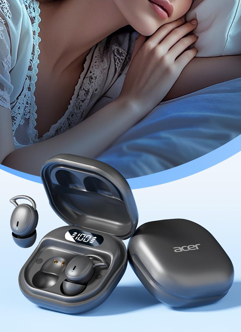 Acer OHR507 New Model Wireless Sleep-Friendly Wireless Earbuds - Comfortable Silicone In-Ear, High-Quality Sound, Long Battery Life, USB-C Charging, Touch Control,Adult Earbud Headphones Audio Headset Electronic stereo sound headphone Soft Earpads Black