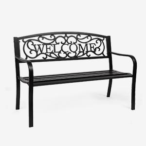 VINGLI Outdoor Metal Garden Bench with PVC Back Pattern, Black Steel Welcome Bench for Patio, Porch, Deck, Yard, Lawn Decor Entryway