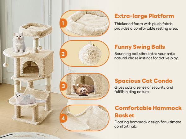 Cat Tree Tower, Multi-Cat Climbing Tower with Condo, Natural Sisal Scratching Posts, Extended Platform, Hammock, Pet House for Indoor Cats and Kittens Play Cat Tree Tower, Multi-Cat Climbing Tower with Condo, Natural Sisal Scratching Posts, Extended Platform, Hammock, Pet House for Indoor Cats and Kittens Play