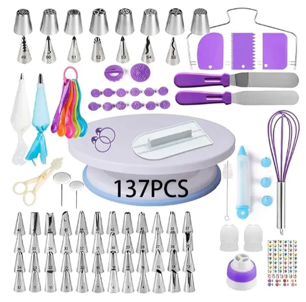 137 Pcs Cake Decorating Supplies Kit with Rotating Turntable, 58 Icing Tips, Piping Bags, Spatulas, Scrapers & Baking Tools Set for Beginners & Pros, Cake Decorating Set for Frosting, Birthday Cakes, Cupcakes Bakeware Accessory Pastry tool