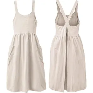 Linen Apron Cross Back Work Apron for Women with Pockets Pinafore Dress X Cross Halter Apron for Chef Gardening Trend Pocket Navy Blue Kitchen