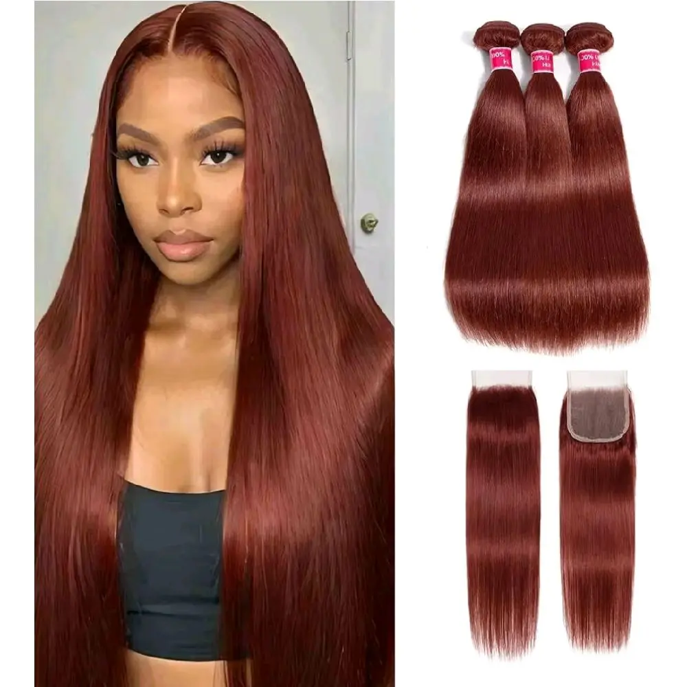 Straight Hair Bundles with Closure 12+14 16+12inch Free Part #33 Colored Reddish Brown Human Hair Bundles With 4x4 Lace Closure Brazilian Raw Remy Hair Weave
