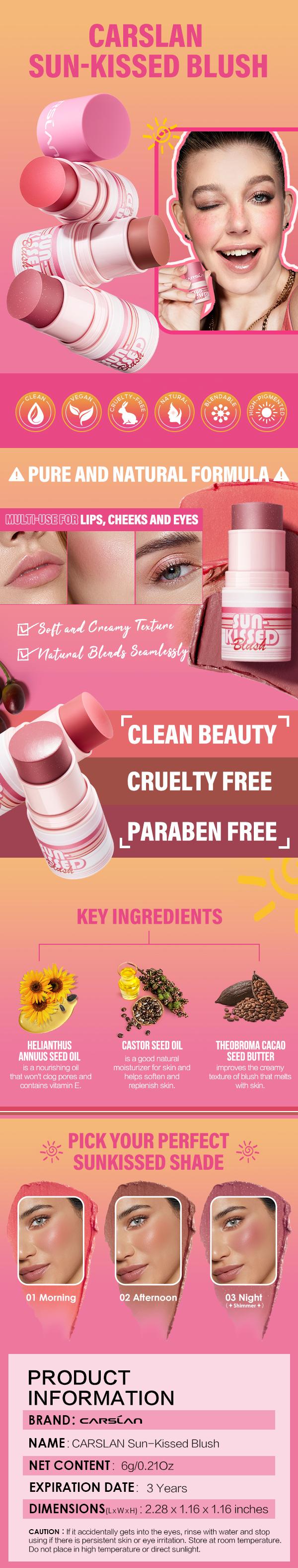 CARSLAN Sun Kissed Blush, Smooth Cream Blush Stick for Cheek, Lip, Longlasting Blendable Building Vegan Moisturizer Makeup for All Skin