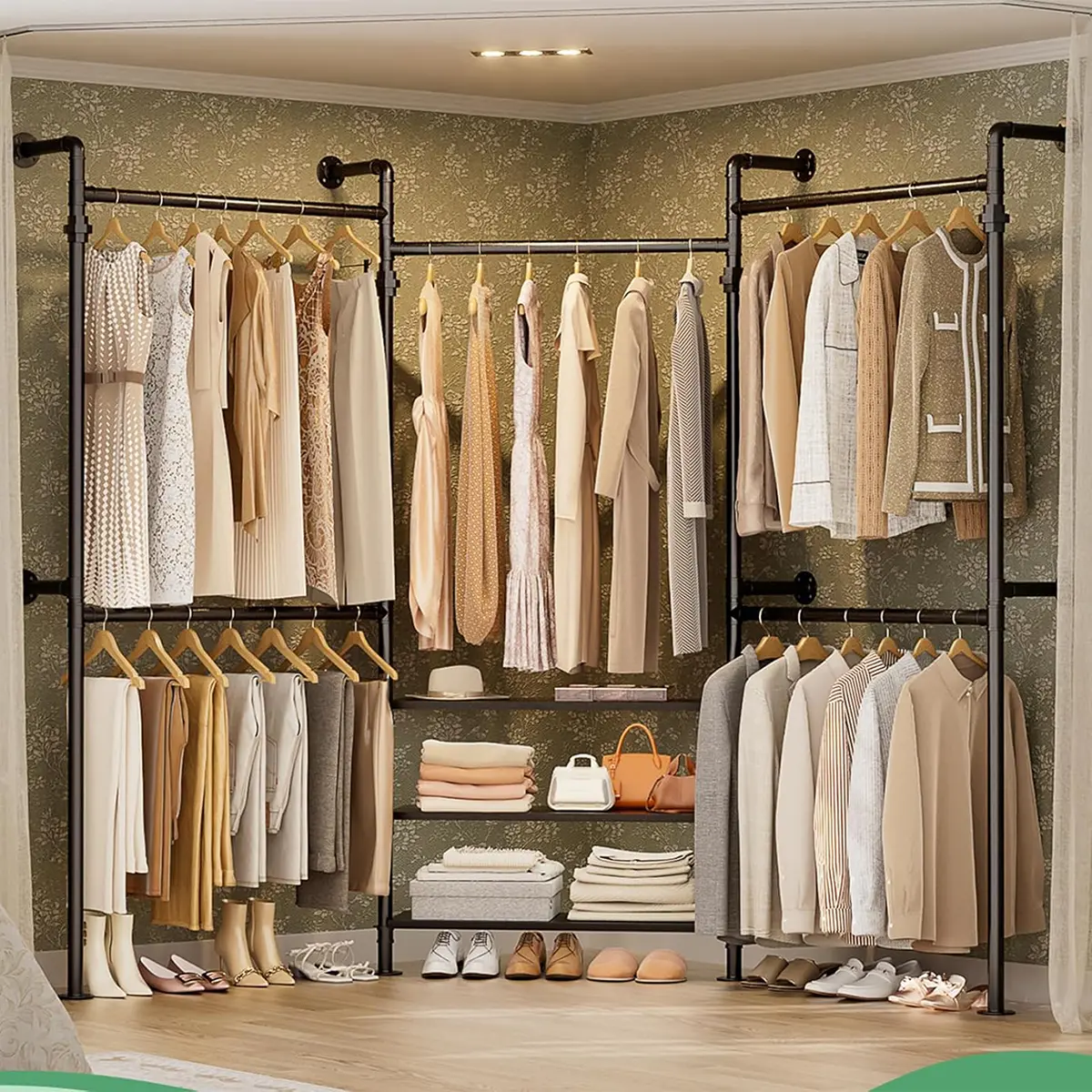 Industrial Expandable Corner Pipe Clothing Rack - Adjustable 7.3-10.9FT Reversible Wall Mounted System, L-Shaped Garment Rack with 1 Fixed Rod & 4 Expandable Rods, Closet Organization for Boutique-Style Walk-In Closet, Holds 1000+ lbs, Clothes