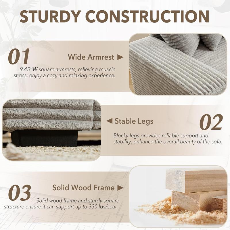 【3 Packages Shipping】 Niccae 111.63" Luxurious Oversized L-Shaped Corduroy Sofa with Adjustable Ottoman, L/R Chaise, 8 Pillows – Effortless Assembly for Ultimate Living Room Comfort