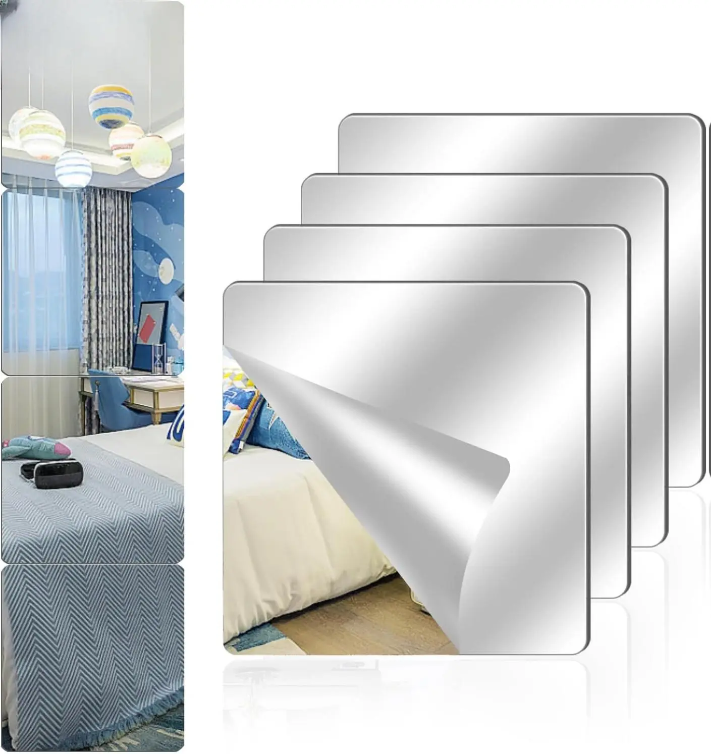 4 Pack Acrylic Mirrors for Wall,8" x 8" Self Adhesive Frameless Small Mirror Tiles, Flexible Plastic Mirror Sheets for Home Wall Decor Bedroom Gym DIY (4, 8" x 8")