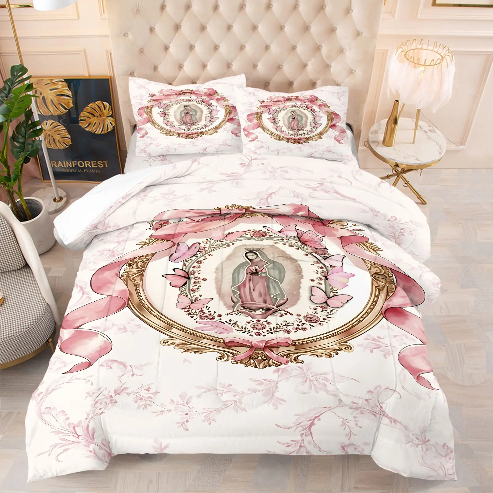 Pink Virgin Mary Guadalupe Comforter Set, Soft Breathable Floral & Butterfly Bedding, 1 Quilt + 1/2 Pillowcases, All-Season Lightweight Quilt for Girls Bedroom, College Dorm & Apartment Decor, Flower Printed Bedding