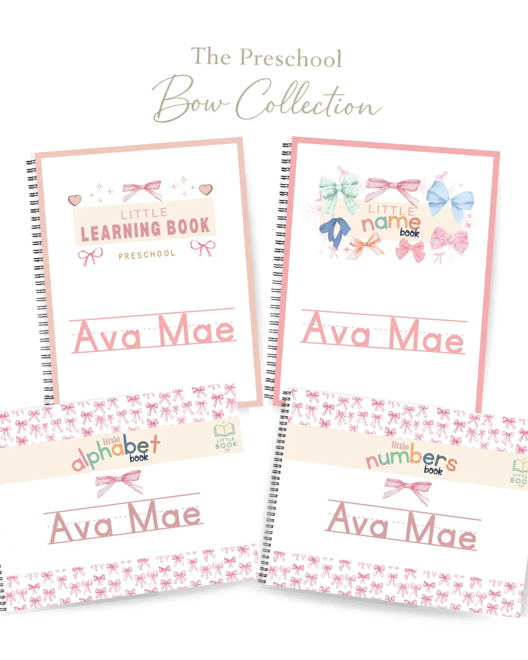 4 Book Set: The Preschool Bow Collection- Learning Book, Name Book, Number Book & Alphabet Book Bundle