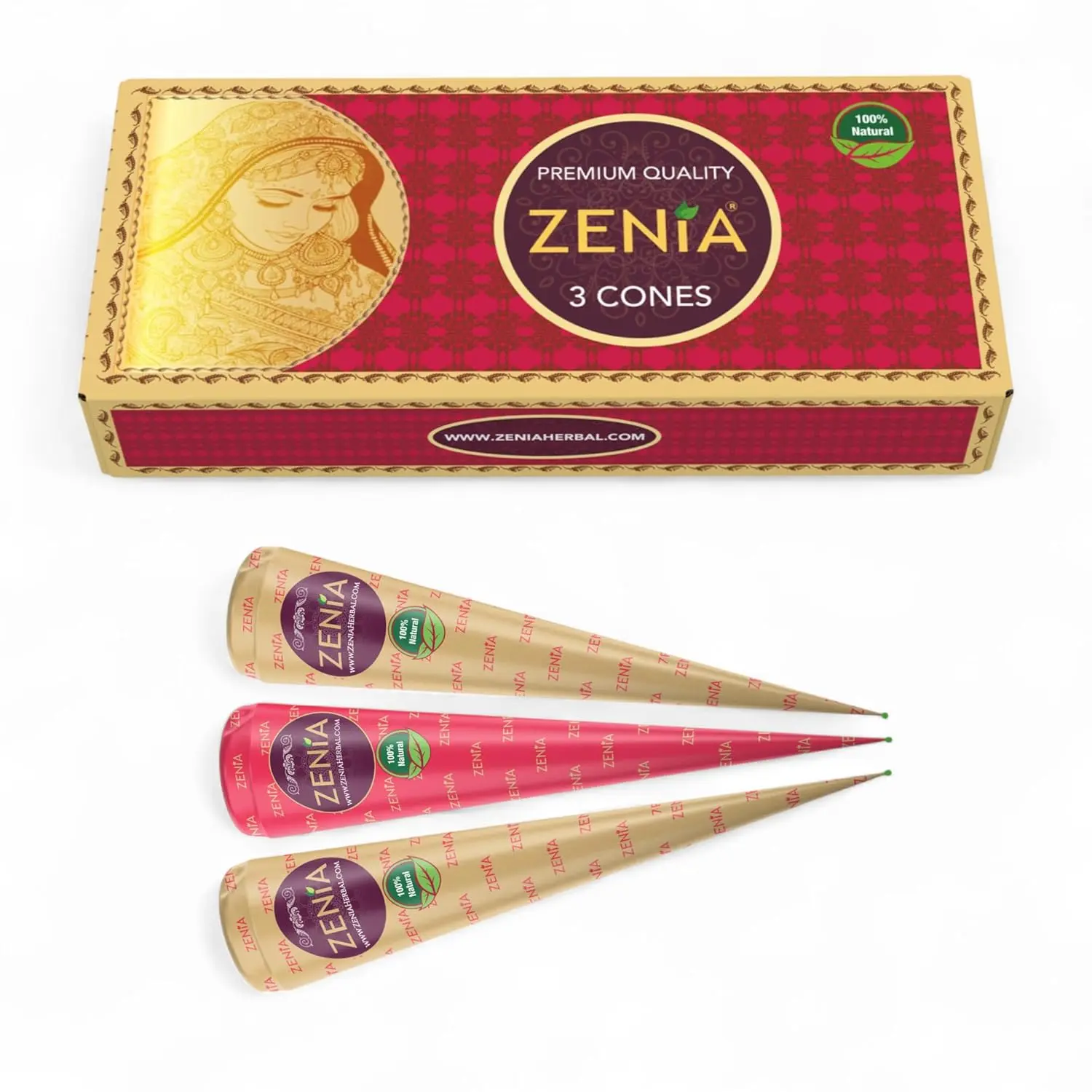 Zenia 100% Natural Henna Paste for Brown Hair, Semi-Permanent Reddish-Brown Dye, Chemical-Free & Ready to Use Cones (3 Pack, 25g Each), Haircare, Temporary Hair Color, Brown Hair Semi-Permanent Color